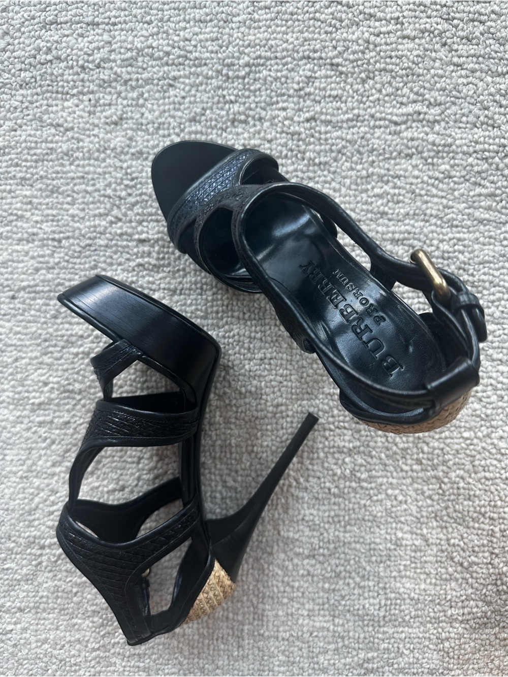 Burberry Raffia & Black Leather Strappy High Platform Sandals- Never Worn - Picture 2 of 8